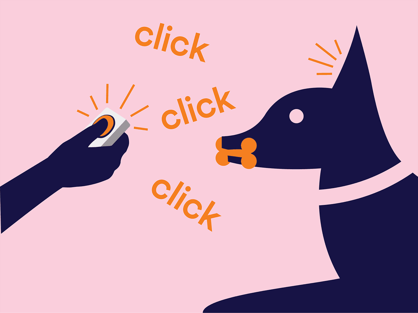 Illustration of hand clicking while training dog holding a bone