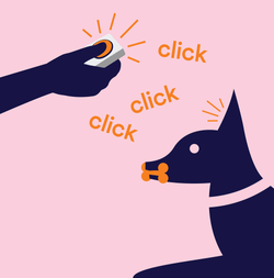 Illustration of dog with hand clicking a button for clicker training